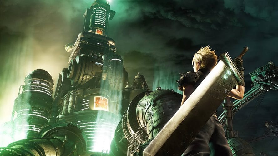 Cloud Strife vu de dos face à un réacteur Mako